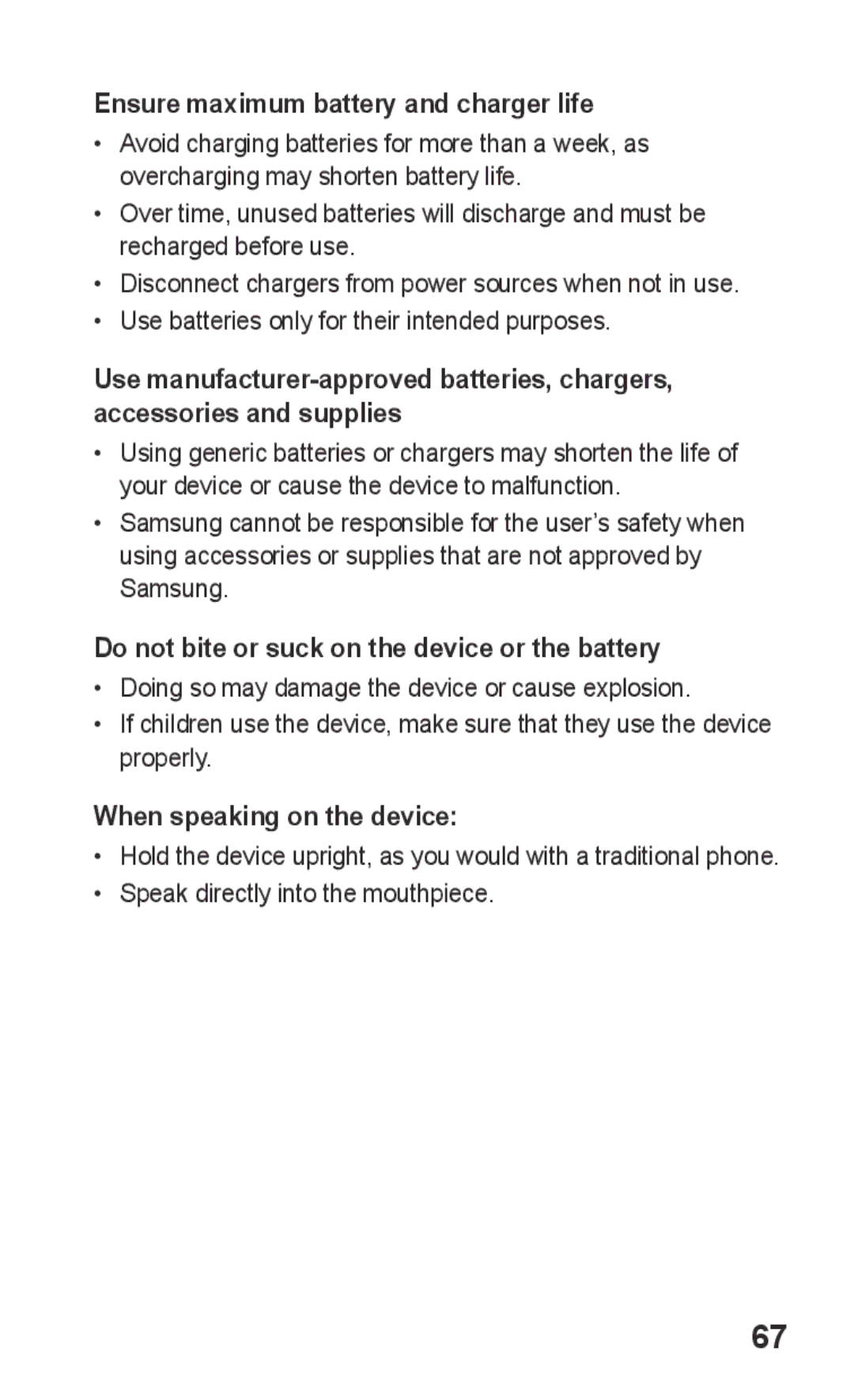 Samsung GT-C3303PSIAFG manual Ensure maximum battery and charger life, Do not bite or suck on the device or the battery 