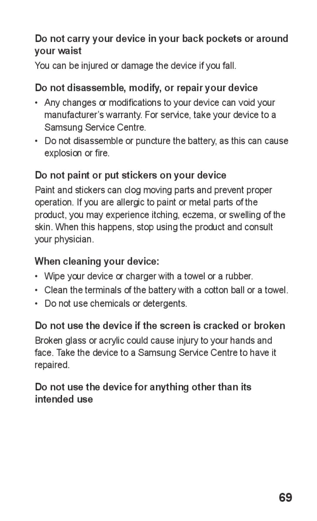 Samsung GT-C3303ENIAFR Do not disassemble, modify, or repair your device, Do not paint or put stickers on your device 