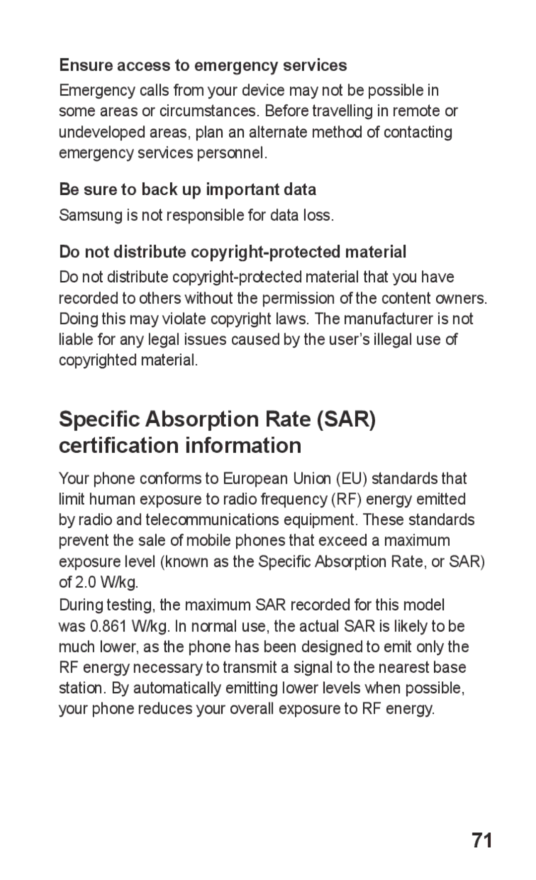 Samsung GT-C3303CWIPAK, GT-C3303WRIJED manual Ensure access to emergency services, Be sure to back up important data 