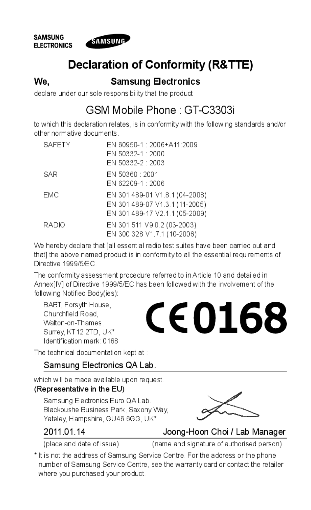 Samsung GT-C3303DKIXXV, GT-C3303WRIJED, GT-C3303WRIMRT manual GSM Mobile Phone GT-C3303i, Declaration of Conformity R&TTE 