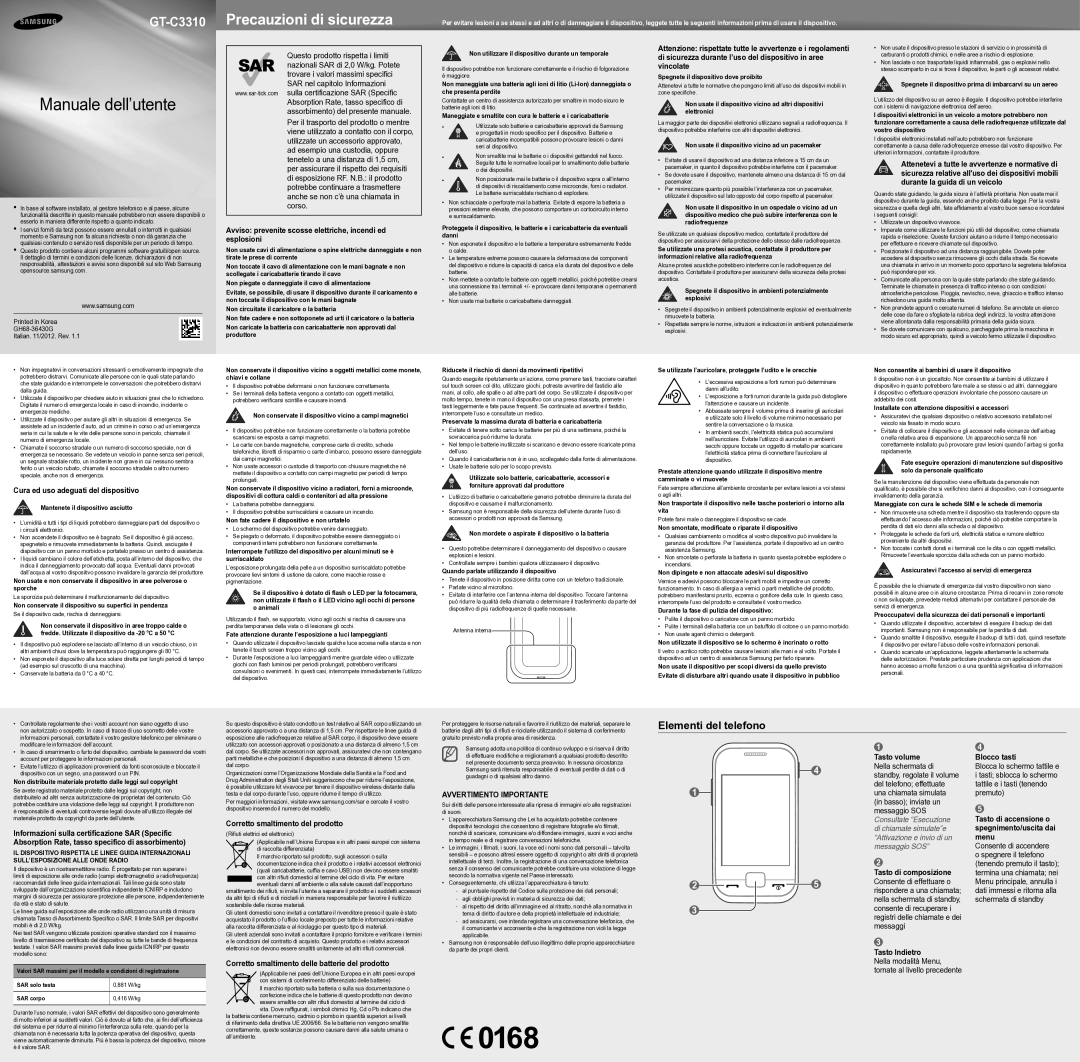 Samsung GT-C3310UWACIT, GT-C3310IBRCIT, GT-C3310MSACIT, GT-C3310ISACIT manual Elementi del telefono 