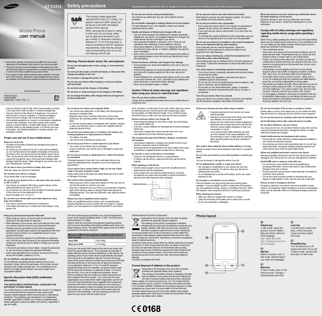 Samsung GT-C3310ZSRDBT manual Felhasználói kézikönyv, Biztonsági rendszabályok, Mobiltelefon, Lásd “Álhívások 
