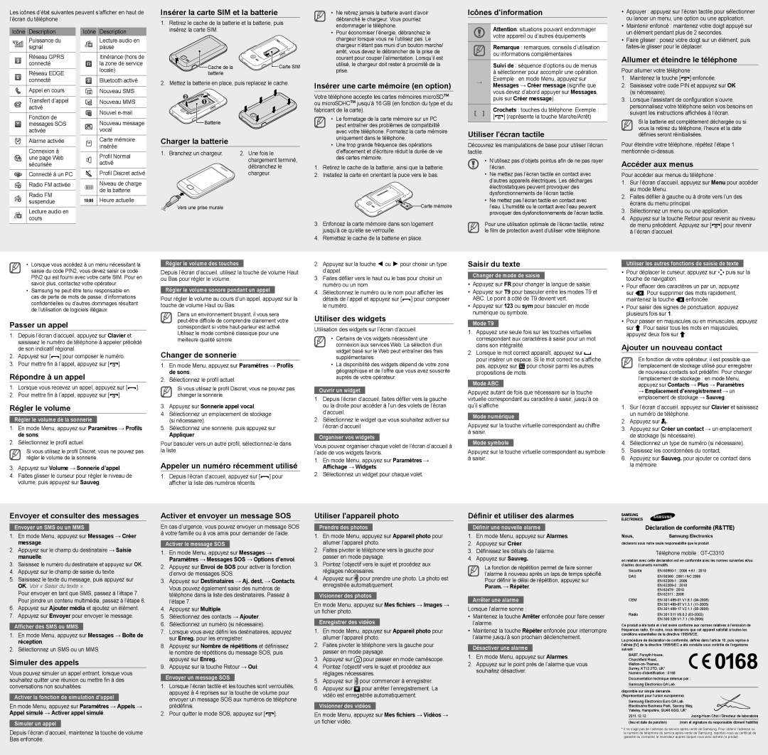 Samsung GT-C3310ISAXEF Insérer la carte SIM et la batterie, Icônes dinformation, Charger la batterie, Accéder aux menus 