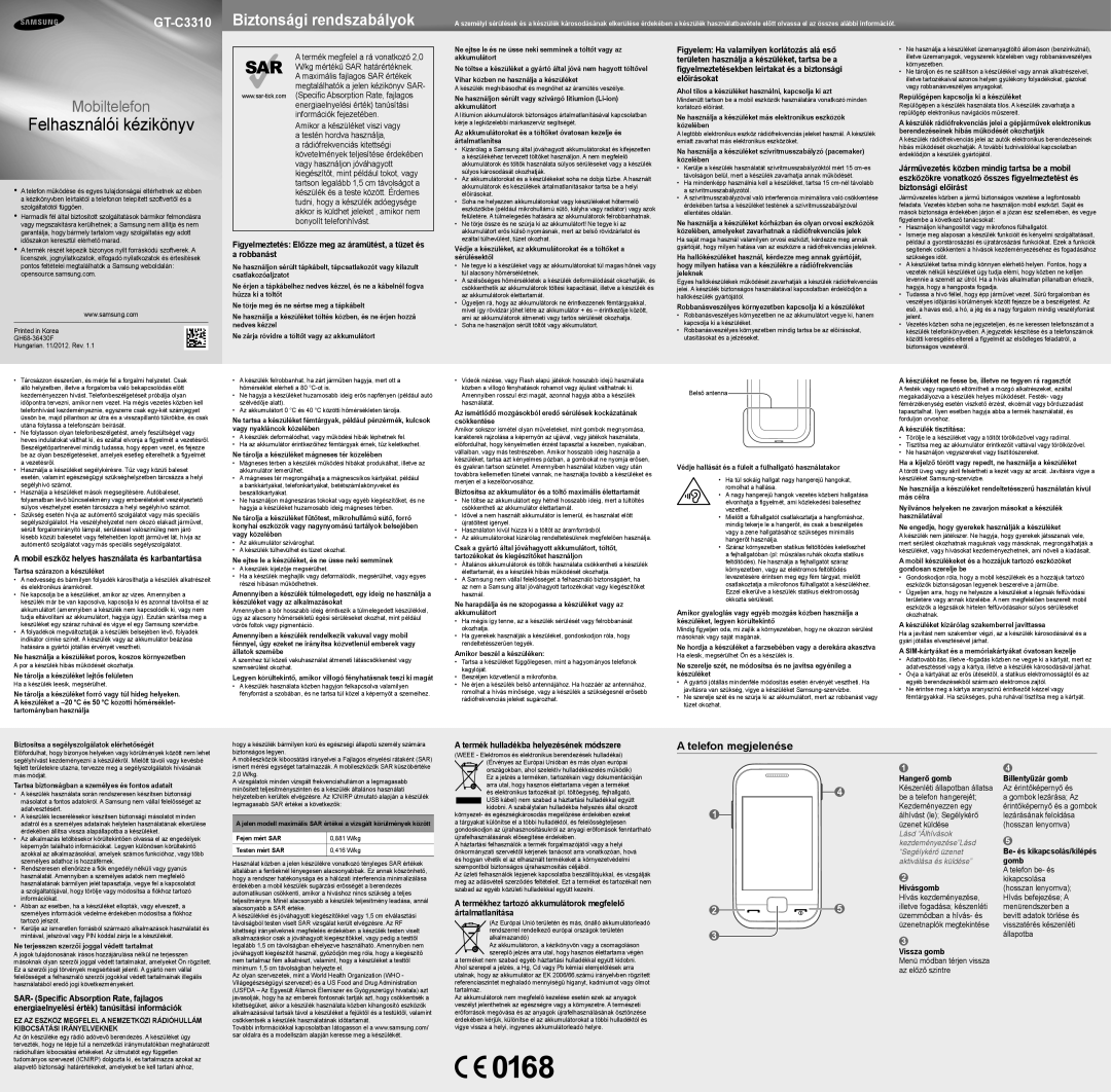 Samsung GT-C3310ZSRDBT manual Felhasználói kézikönyv, Biztonsági rendszabályok, Mobiltelefon, Lásd “Álhívások 