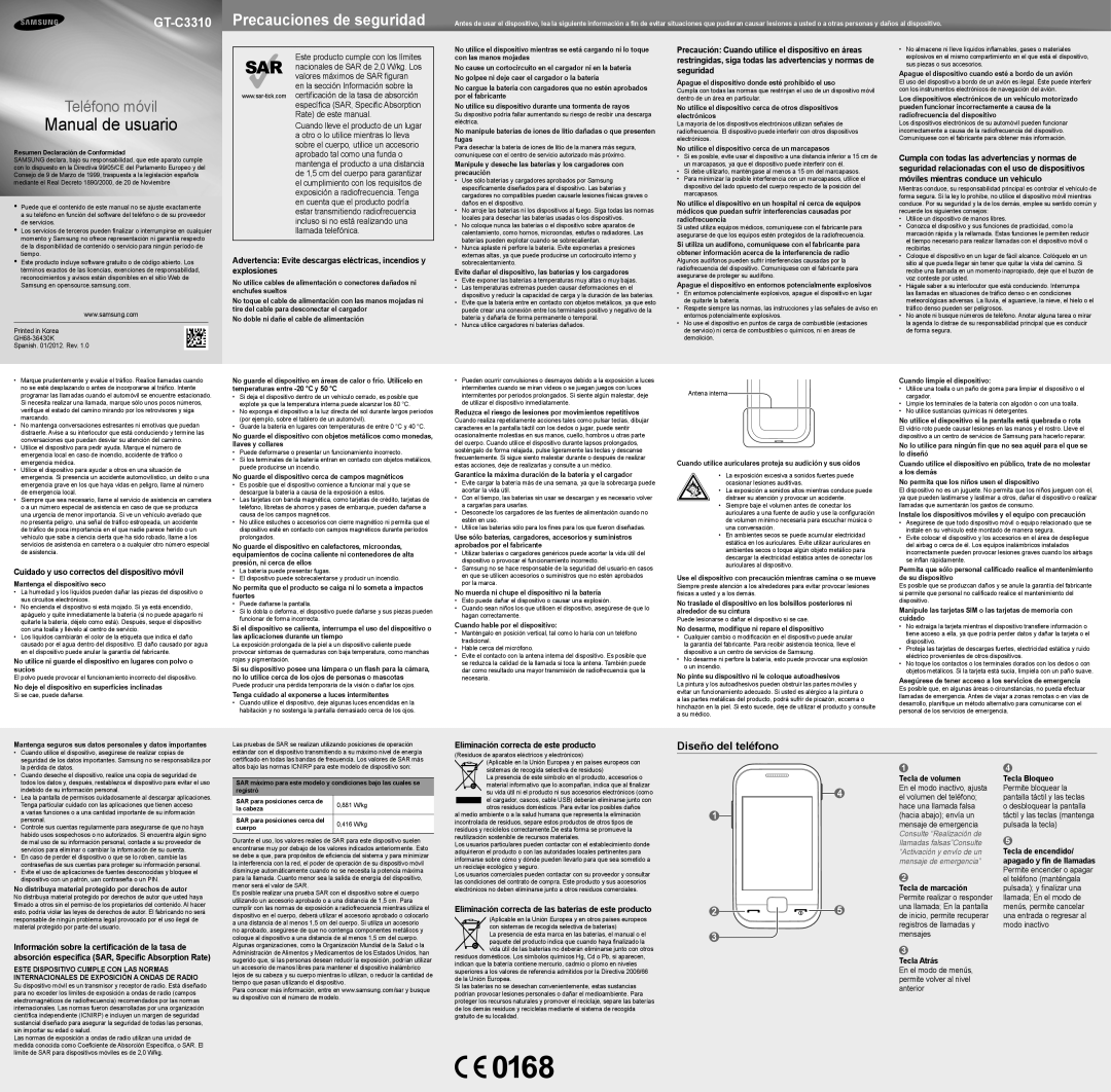 Samsung GT-C3310ISAXEC, GT-C3310MSAPHE, GT-C3310ISAPHE manual Diseño del teléfono 