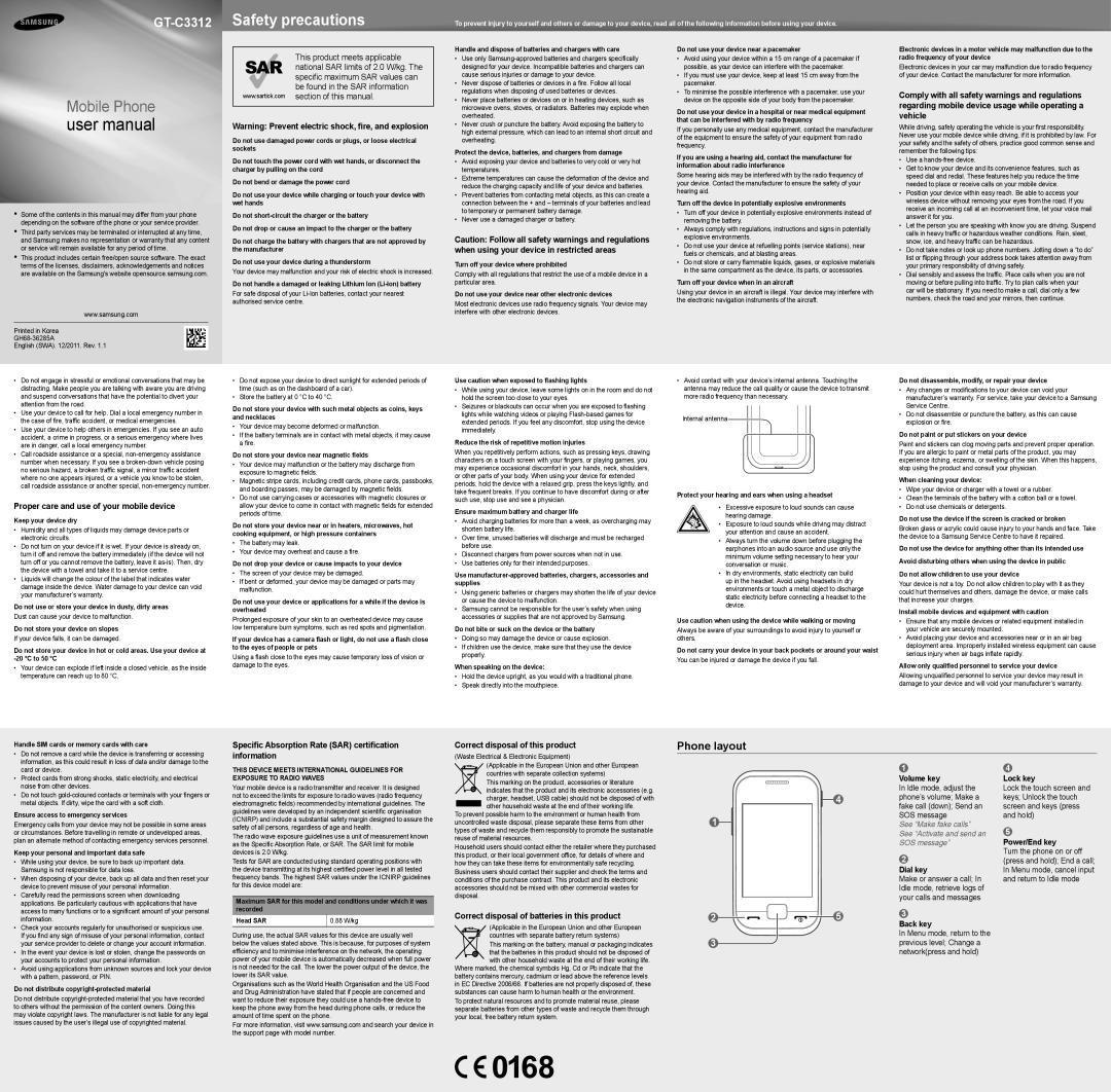 Samsung GT-C3312FKAMRT, GT-C3312FKAAFR, GT-C3312ISAAFR, GT-C3312MSATMC, GT-C3312FKAJED, GT-C3312FKAKSA manual Phone layout 