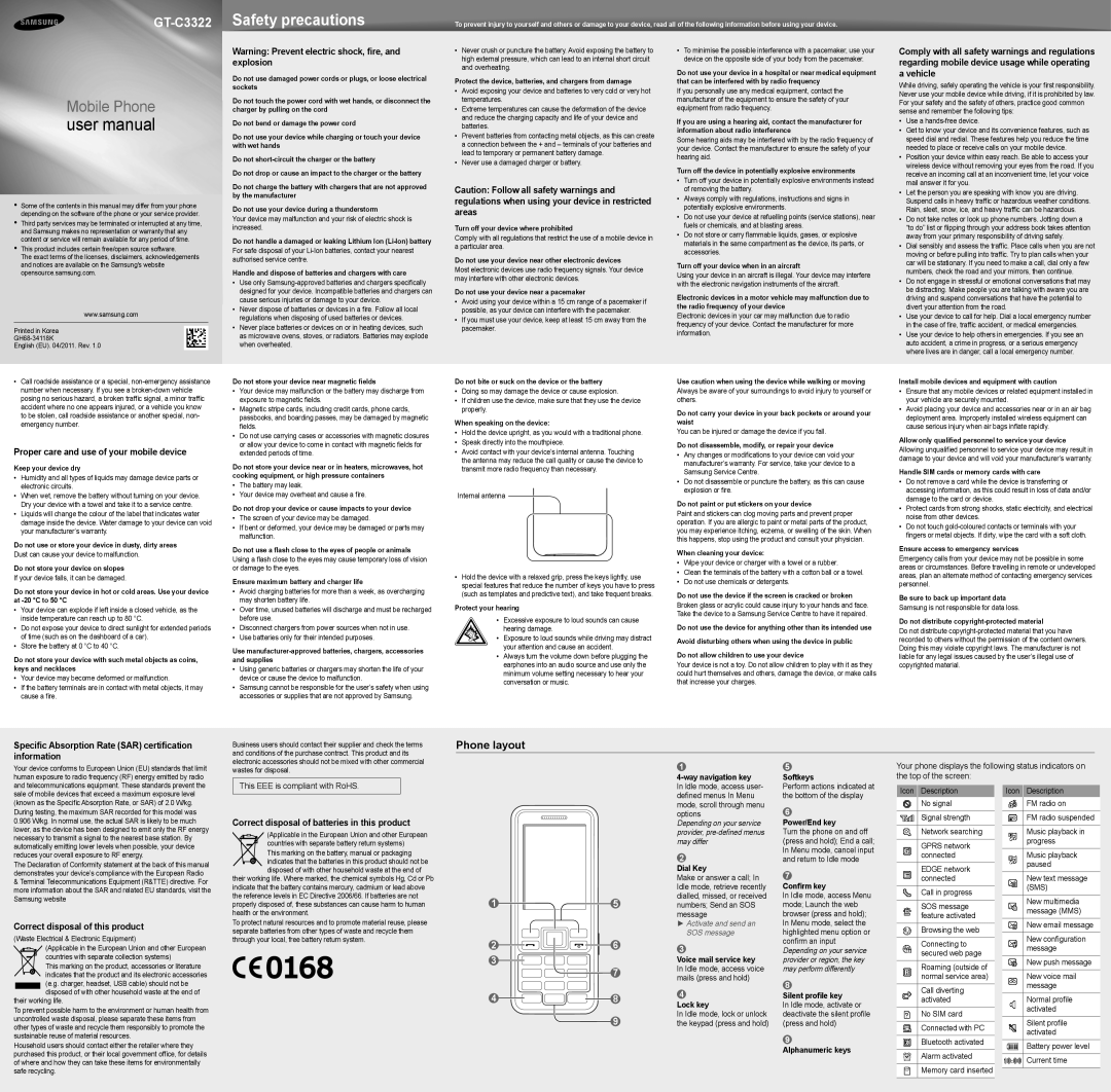 Samsung GT-C3322 user manual Phone layout 