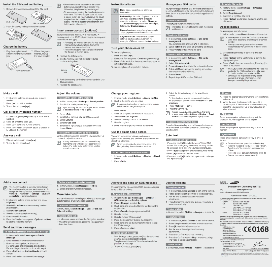 Samsung GT-C3322 Install the SIM card and battery, Charge the battery, Insert a memory card optional, Instructional icons 