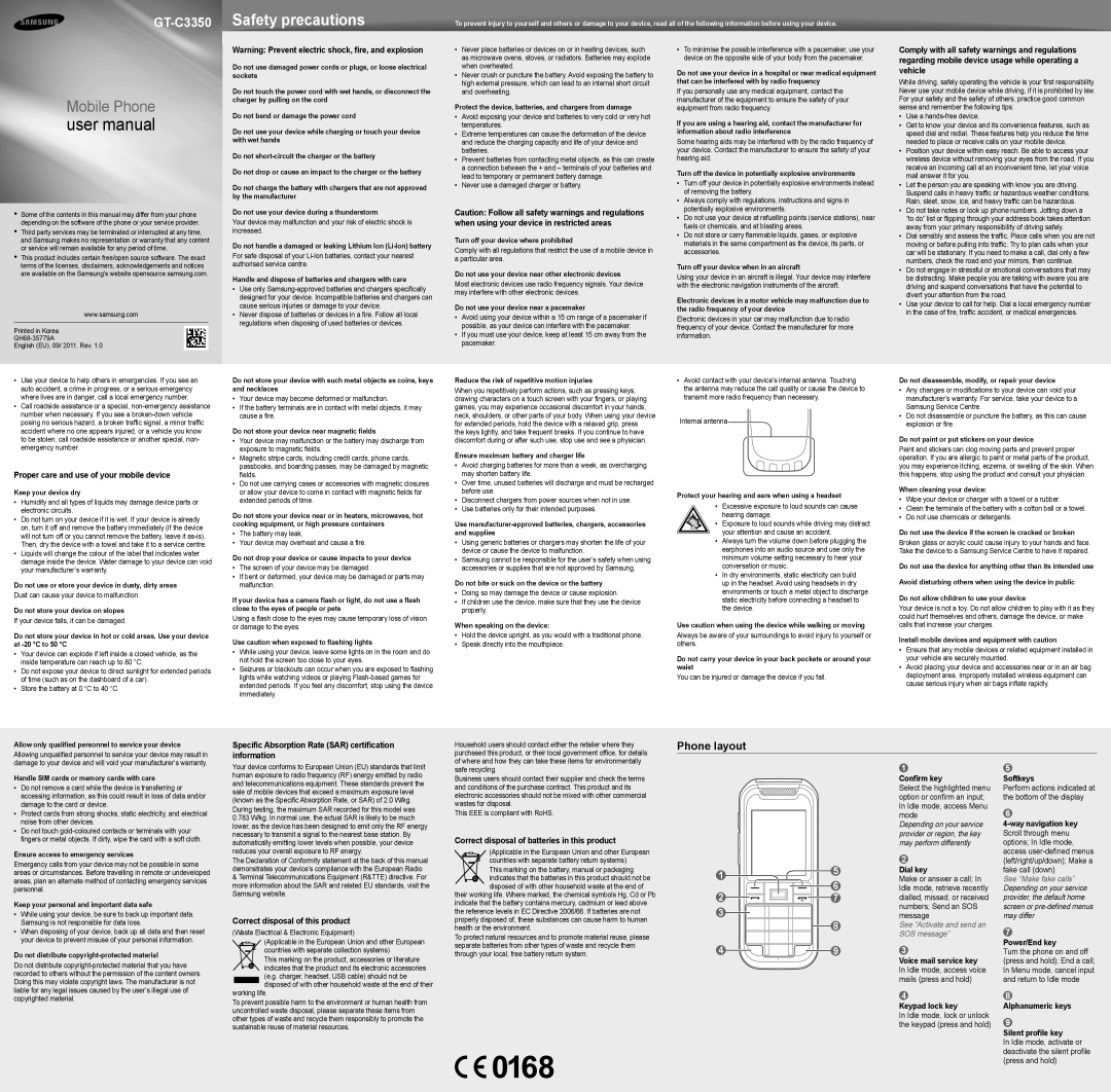 Samsung GT-C3350 user manual Phone layout 