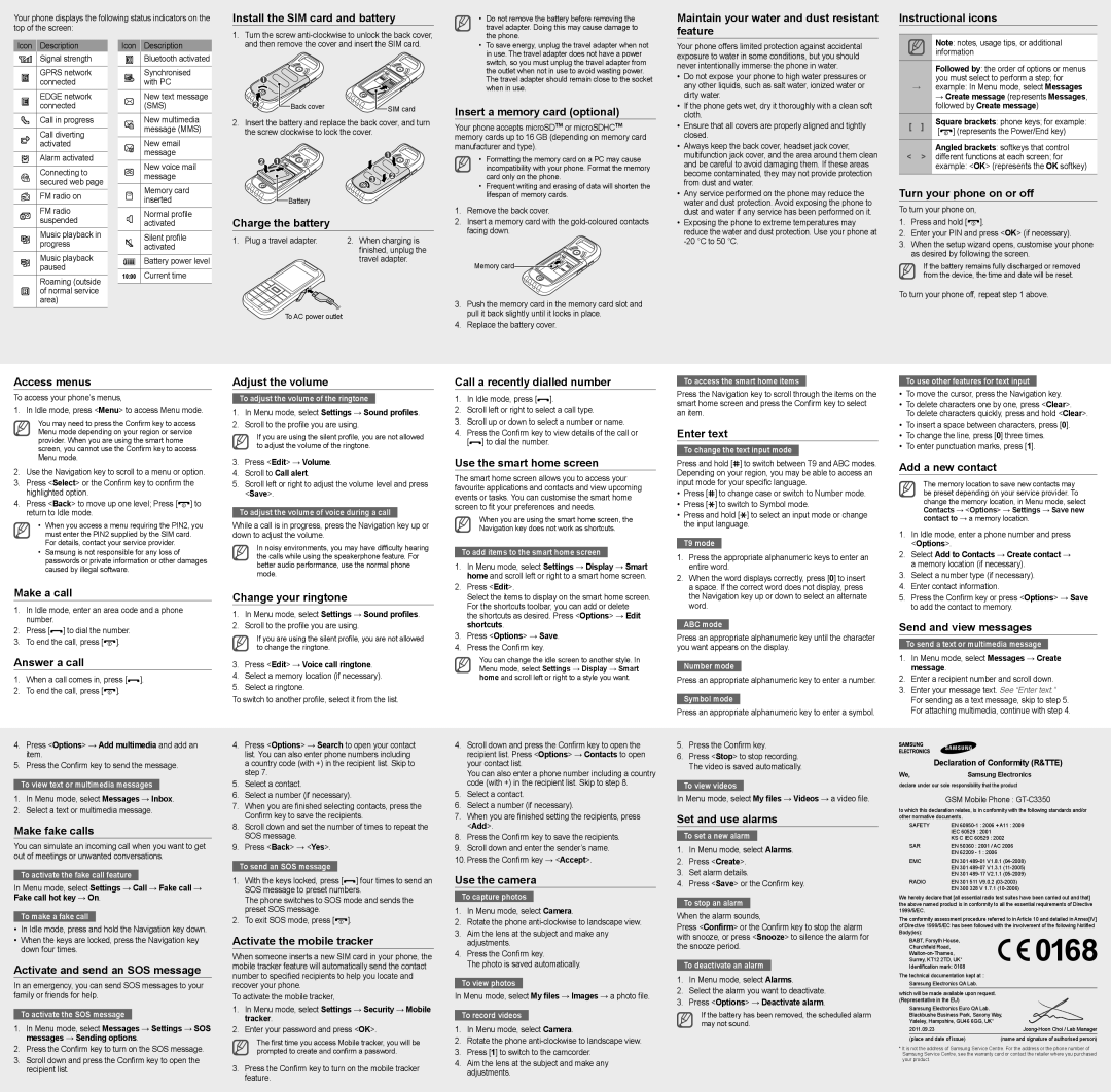 Samsung GT-C3350 Install the SIM card and battery, Maintain your water and dust resistant Instructional icons, Feature 