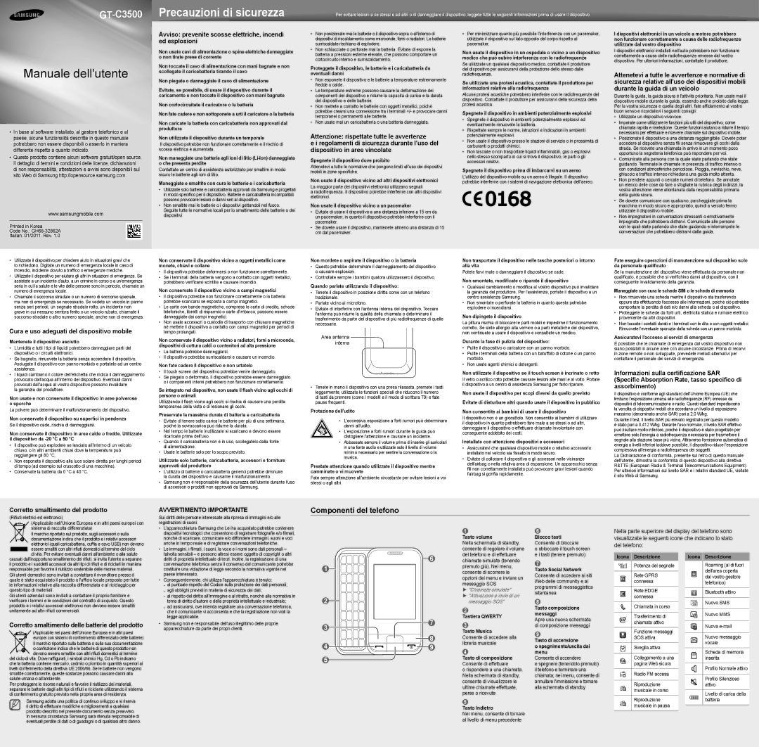 Samsung GT-C3500RWATIM, GT-C3500DSACIT, GT-C3500DSAOMN, GT-C3500DSATIM manual Componenti del telefono 