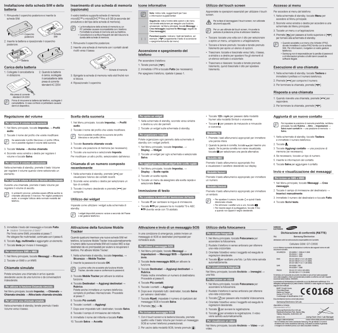 Samsung GT-C3500DSAOMN manual Installazione della scheda SIM e della batteria, Carica della batteria, Icone informative 