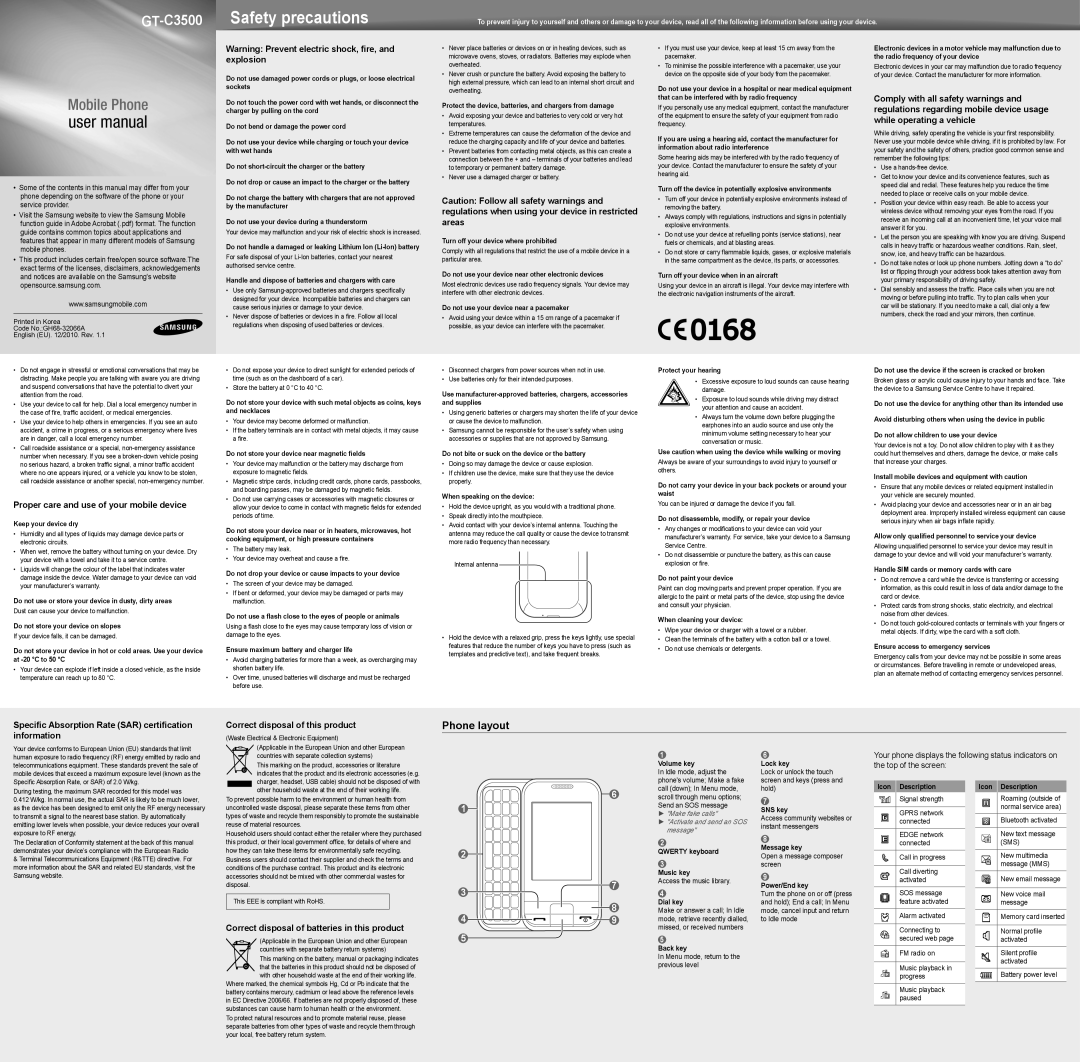 Samsung GT-C3500RWAVGF, GT-C3500DSADBT, GT-C3500DSAVGF, GT-C3500DSABOG, GT-C3500MKAXEF, GT-C3500RWAXEF manual Phone layout 