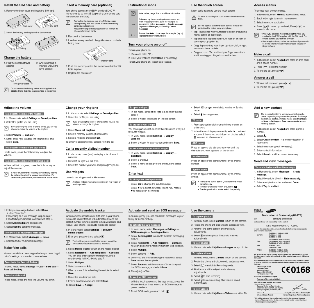 Samsung GT-C3500DSAVGF Install the SIM card and battery, Charge the battery, Insert a memory card optional, Access menus 