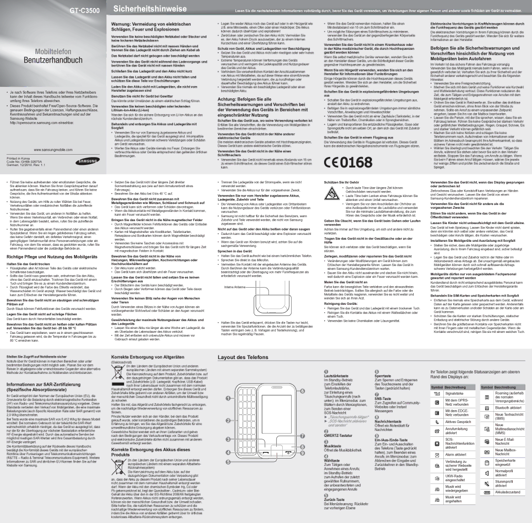 Samsung GT-C3500DSADBT manual Layout des Telefons 