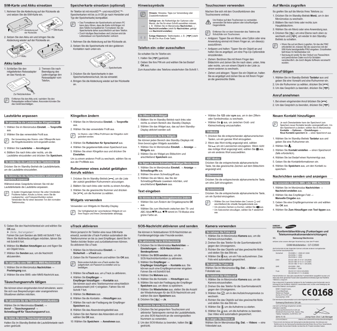 Samsung GT-C3500DSADBT manual SIM-Karte und Akku einsetzen, Akku laden, Speicherkarte einsetzen optional, Hinweissymbole 