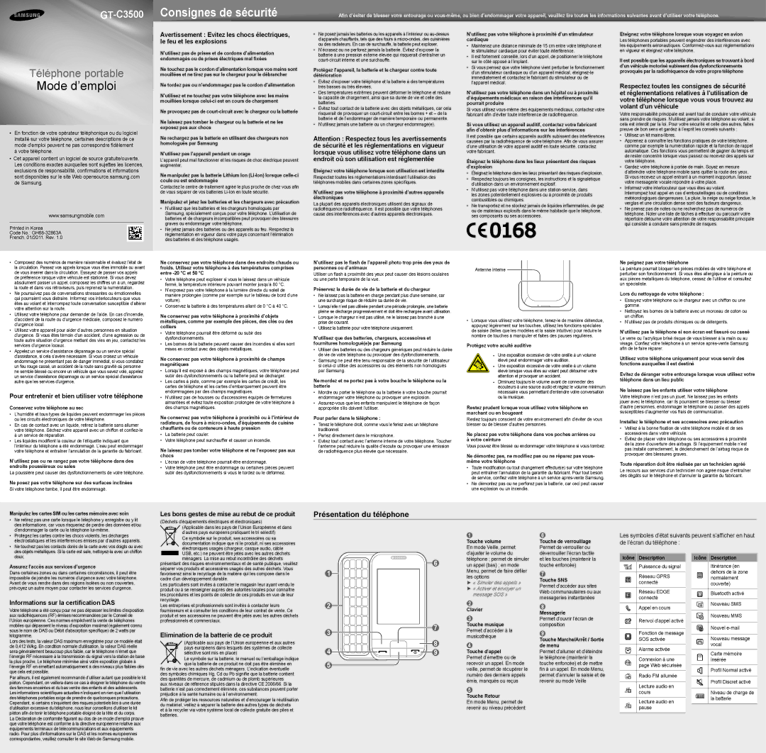 Samsung GT-C3500DSAVGF, GT-C3500RWAVGF, GT-C3500DSABOG, GT-C3500MKAXEF, GT-C3500RWAXEF manual Présentation du téléphone 