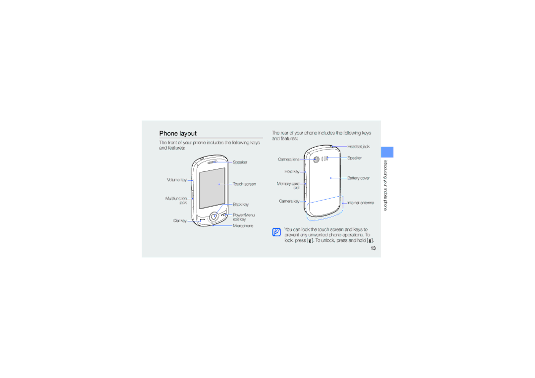 Samsung GT-C3510, GH68-26715A manual Phone layout, Rear of your phone includes the following keys and features 