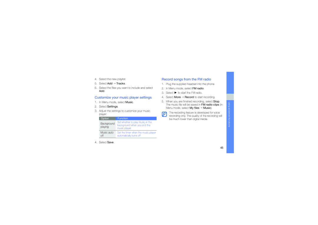 Samsung GT-C3510, GH68-26715A manual Customize your music player settings, Record songs from the FM radio 