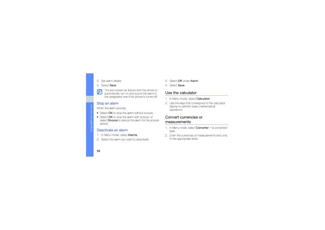 Samsung GH68-26715A, GT-C3510 Use the calculator, Convert currencies or measurements, Stop an alarm, Deactivate an alarm 