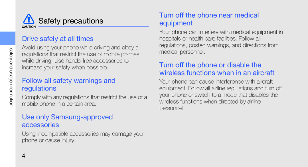 Samsung GT-C3510XKAFTM manual Safety precautions, Drive safely at all times, Follow all safety warnings and regulations 