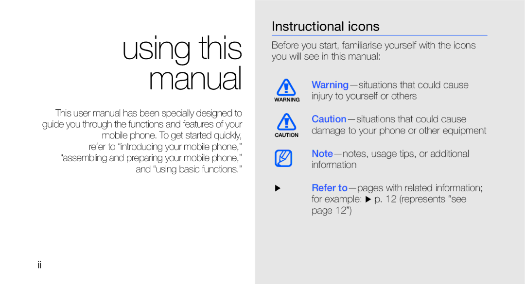 Samsung GT-C3510SIATUR, GT-C3510CWADBT, GT-C3510SBADBT, GT-C3510XKATUR, GT-C3510SBATPH Using this manual, Instructional icons 