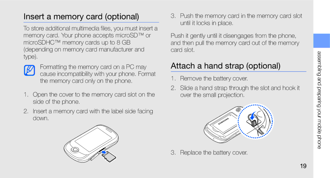 Samsung GT-C3510SBAXEC, GT-C3510CWADBT, GT-C3510SBADBT manual Insert a memory card optional, Attach a hand strap optional 