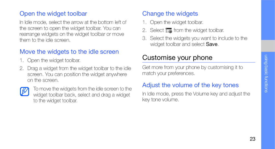 Samsung GT-C3510SIAXEC, GT-C3510CWADBT Customise your phone, Open the widget toolbar, Move the widgets to the idle screen 