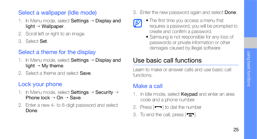 Samsung GT-C3510SBAFOP Use basic call functions, Select a wallpaper Idle mode, Select a theme for the display, Make a call 