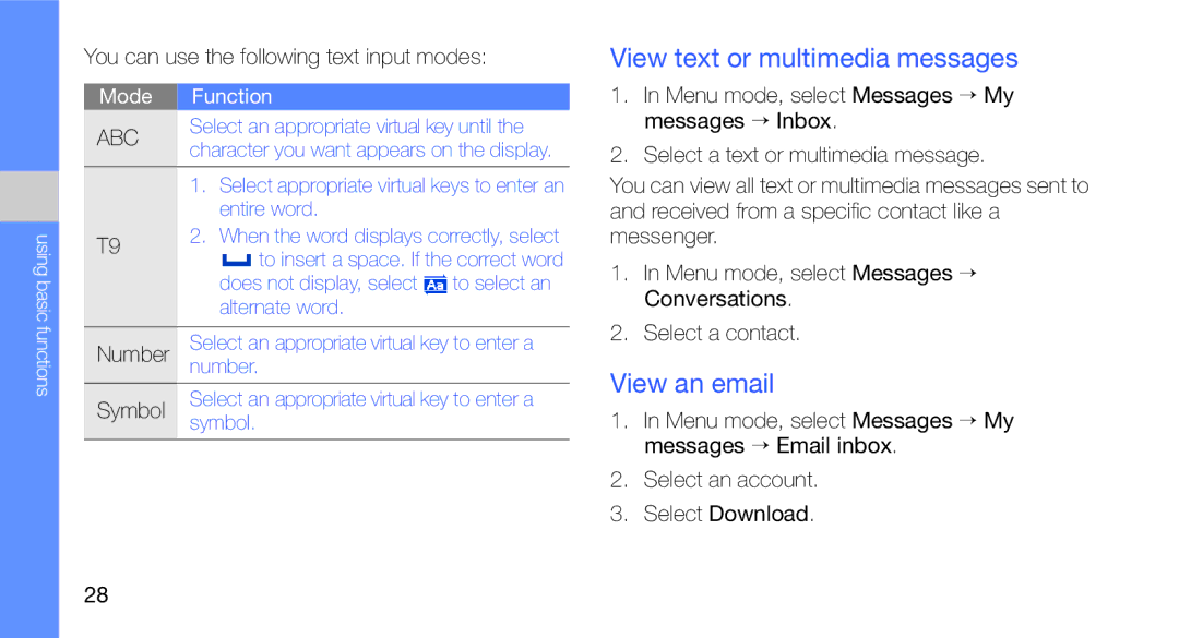Samsung GT-C3510SIAXEZ View text or multimedia messages, View an email, You can use the following text input modes, Number 