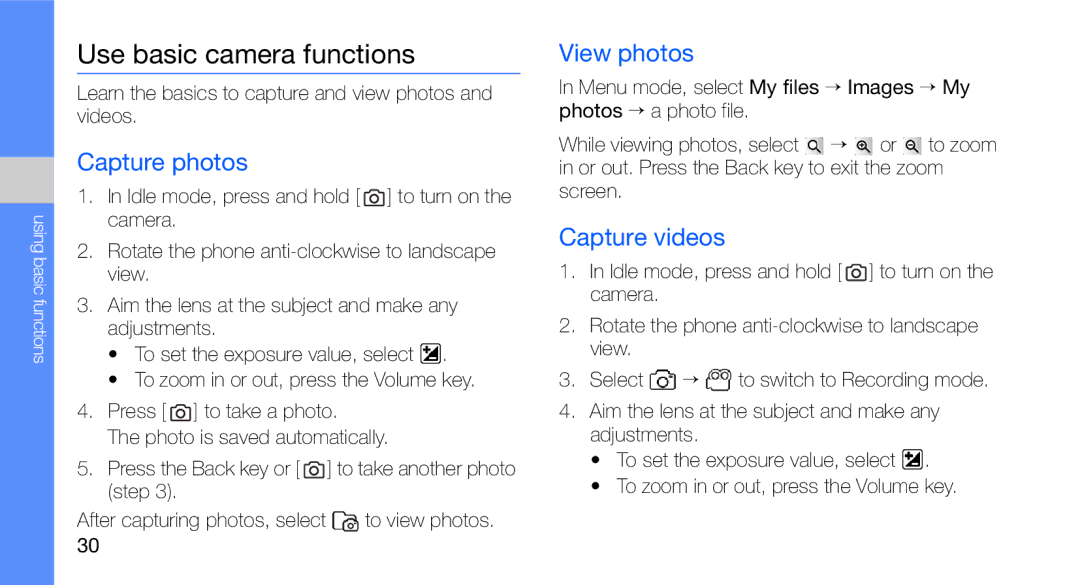 Samsung GT-C3510SIASEB, GT-C3510CWADBT manual Use basic camera functions, Capture photos, View photos, Capture videos 