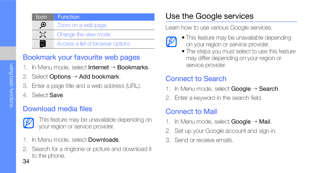Samsung GT-C3510SIACYO Use the Google services, Bookmark your favourite web pages, Download media files, Connect to Search 