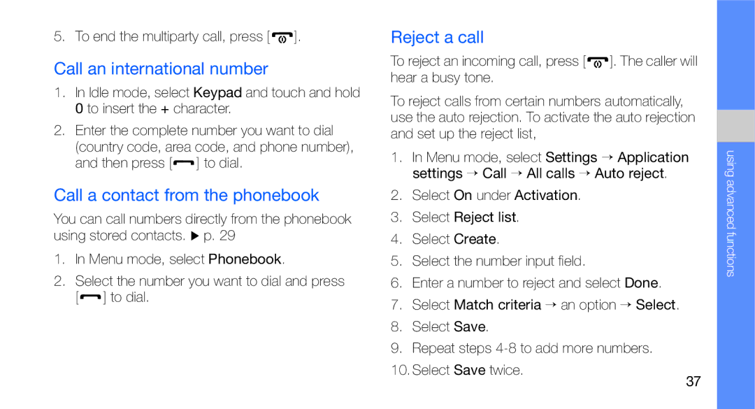 Samsung GT-C3510XKASER, GT-C3510CWADBT manual Call an international number, Call a contact from the phonebook, Reject a call 