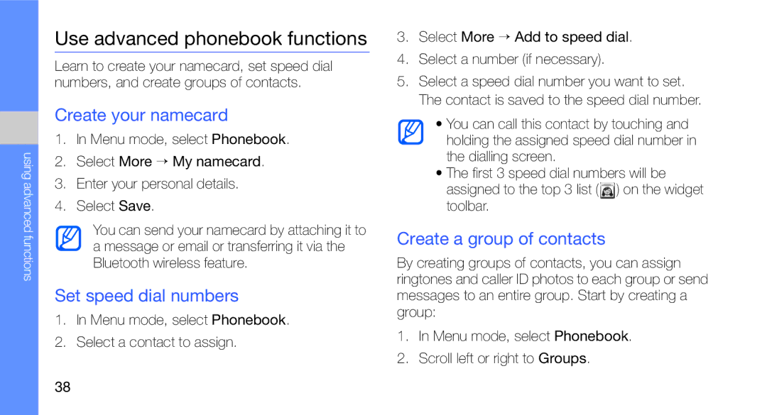 Samsung GT-C3510CWTSER, GT-C3510CWADBT manual Use advanced phonebook functions, Create your namecard, Set speed dial numbers 