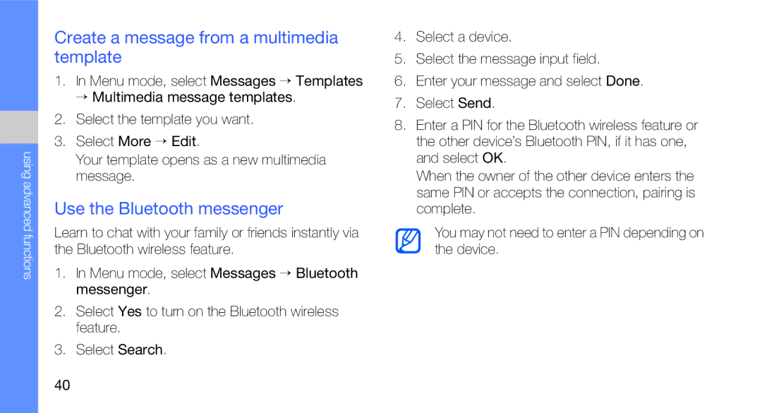 Samsung GT-C3510XKTSER, GT-C3510CWADBT manual Create a message from a multimedia template, Use the Bluetooth messenger 