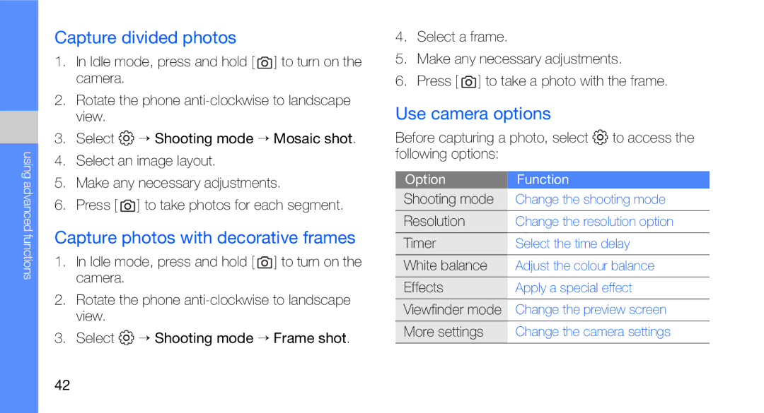 Samsung GT-C3510CWADBT, GT-C3510SBADBT Capture divided photos, Capture photos with decorative frames, Use camera options 