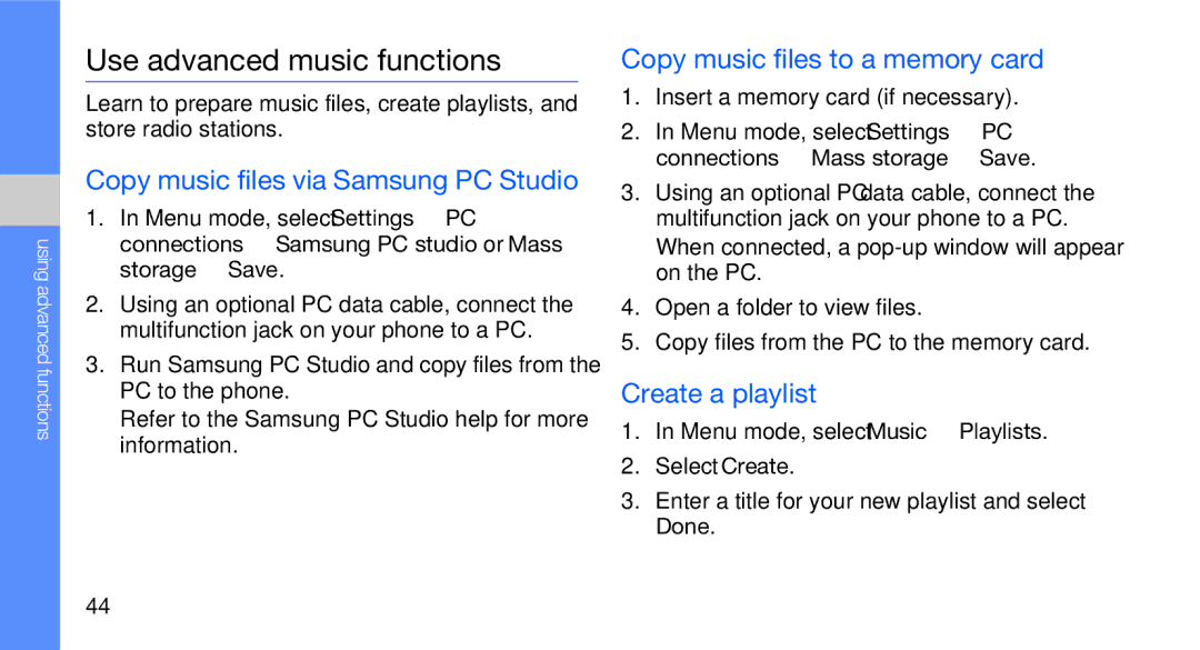 Samsung GT-C3510SIATUR manual Use advanced music functions, Copy music files via Samsung PC Studio, Create a playlist 