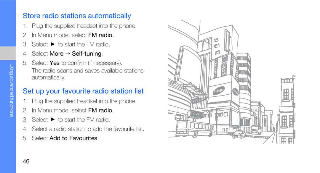 Samsung GT-C3510SBATPH, GT-C3510CWADBT manual Store radio stations automatically, Set up your favourite radio station list 