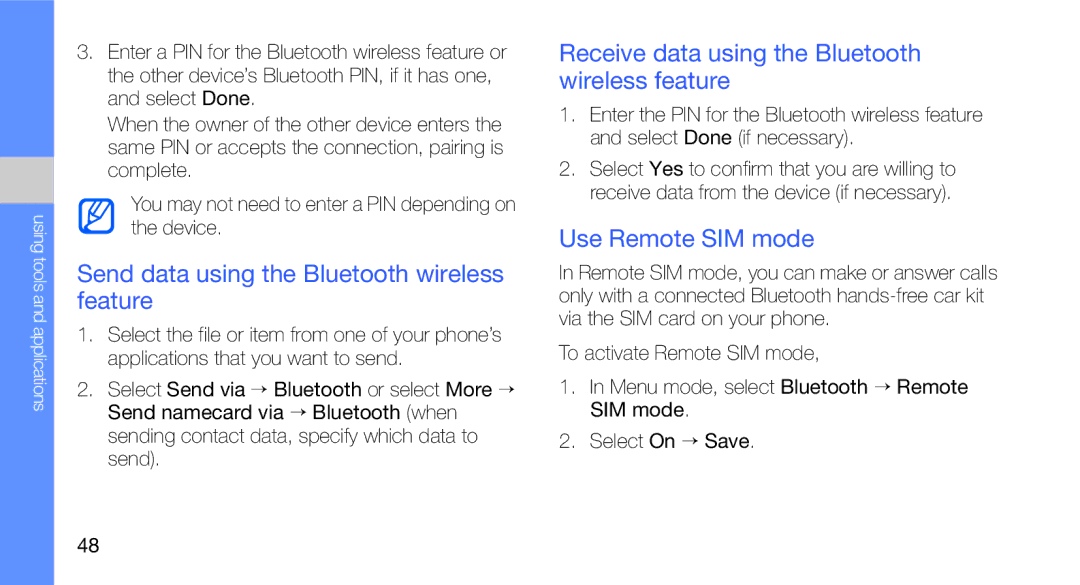 Samsung GT-C3510CWATUR Send data using the Bluetooth wireless feature, Receive data using the Bluetooth wireless feature 