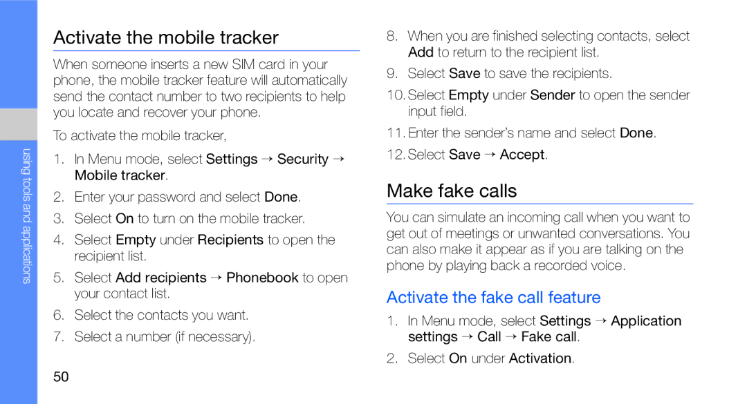 Samsung GT-C3510SIADBT, GT-C3510CWADBT manual Activate the mobile tracker, Make fake calls, Activate the fake call feature 