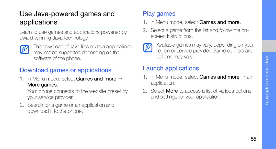 Samsung GT-C3510XKACAR, GT-C3510CWADBT Use Java-powered games and applications, Download games or applications, Play games 