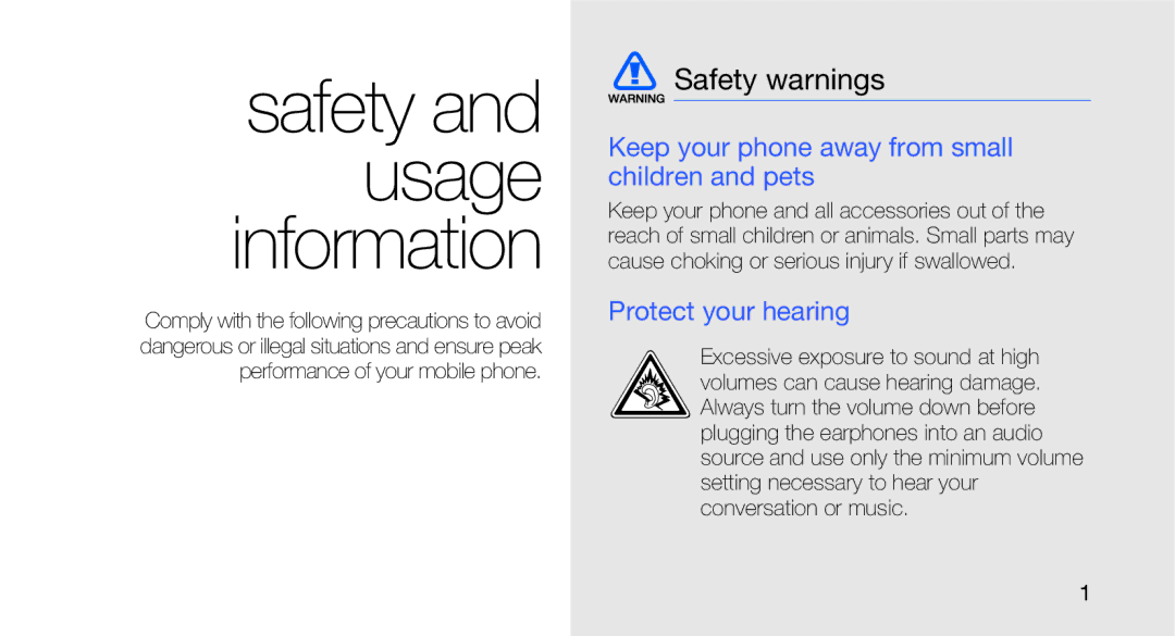Samsung GT-C3510CWATPH manual Safety warnings, Keep your phone away from small children and pets, Protect your hearing 