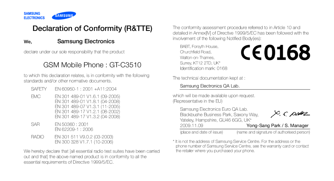 Samsung GT-C3510CWAXEC, GT-C3510CWADBT, GT-C3510SBADBT, GT-C3510SIATUR, GT-C3510XKATUR manual Declaration of Conformity R&TTE 