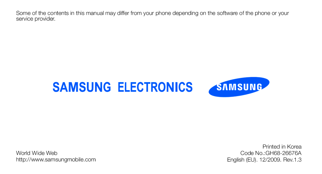 Samsung GT-C3510XKAXEC, GT-C3510CWADBT, GT-C3510SBADBT, GT-C3510SIATUR, GT-C3510XKATUR manual English EU /2009. Rev.1.3 