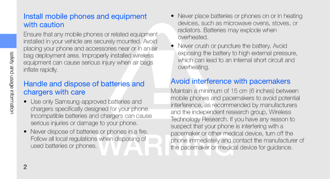 Samsung GT-C3510SIADBT manual Install mobile phones and equipment with caution, Avoid interference with pacemakers 