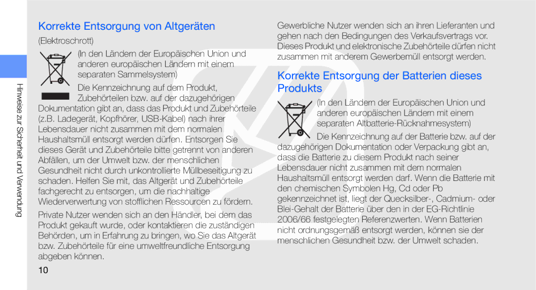 Samsung GT-C3510CWATUR manual Korrekte Entsorgung von Altgeräten, Korrekte Entsorgung der Batterien dieses Produkts 