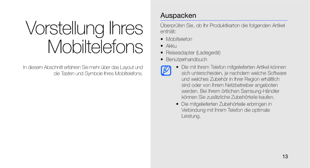 Samsung GT-C3510XKADBT, GT-C3510CWADBT, GT-C3510SBADBT, GT-C3510SIATUR manual Vorstellung Ihres Mobiltelefons, Auspacken 