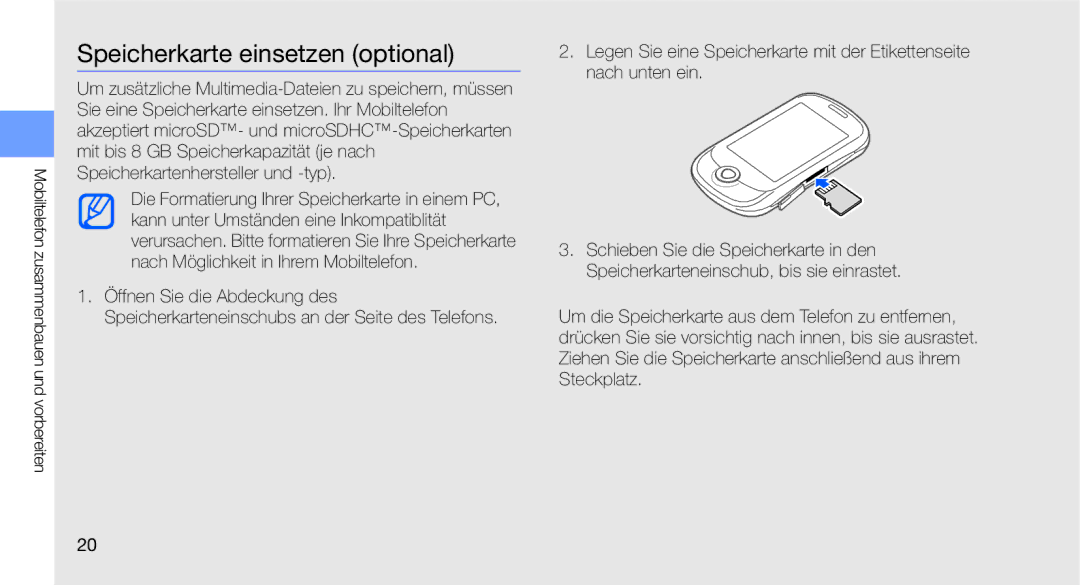 Samsung GT-C3510CWATUR, GT-C3510CWADBT, GT-C3510SBADBT, GT-C3510SIATUR, GT-C3510XKATUR manual Speicherkarte einsetzen optional 