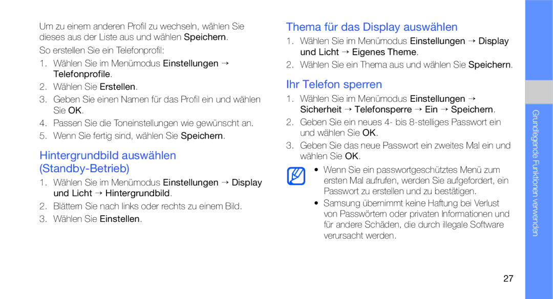 Samsung GT-C3510XKATUR Hintergrundbild auswählen Standby-Betrieb, Thema für das Display auswählen, Ihr Telefon sperren 