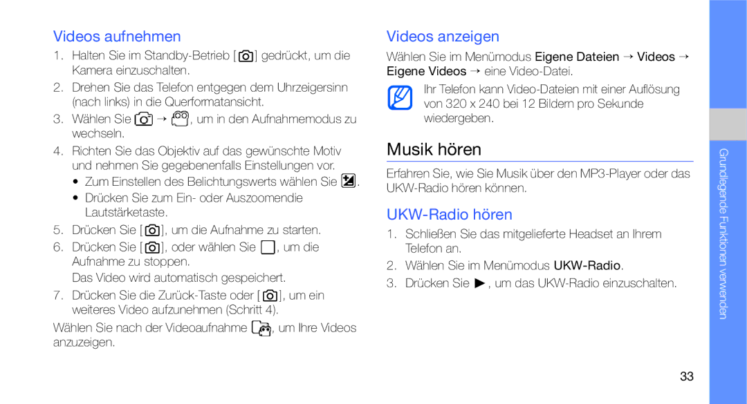 Samsung GT-C3510XKADBT, GT-C3510CWADBT, GT-C3510SBADBT manual Musik hören, Videos aufnehmen, Videos anzeigen, UKW-Radio hören 